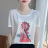 Nova camiseta de tricô listrada com gola redonda e estampa para o verão, manga curta, blusa base fina, top, atacado de comércio exterior para mulheres