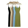 Vestido Sexy Bodycon de Verano Ajustado de Longitud Media con Cuello Redondo, de Botones, Abertura y Tirante de Punto para Mujer