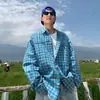 Jaqueta Camisa Xadrez Azul Dopamina Tendência Americana de Manga Longa para Homens e Mulheres Nicho Solta Retro Pequena Fresca Camisa