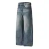 Calça jeans americana retro lavada e desgastada, jeans estilo "dad" masculino solto de perna larga, calça básica trendy de corte reto