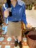 Campos de otoño~Camisa de cuadros azules estilo coreano para mujer, talla petite, camisa de cuadros degradados única