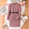 Comércio Exterior Roupas Infantis Primavera e Outono Vestido Casual para Meninas Cor Sólida Gola Meia-Alta Mangas Bufantes Cintura Marcada Slim Fit Vestido Quente