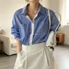 Comercio Electrónico Transfronterizo AliExpress Primavera Retro Temperamento Solapa Bolsillo Doble Holgado Color Clásico Bloque de Color Manga Larga Camisa Rayada