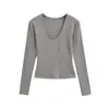 Camiseta Gruesa de Cachemira Reversible de Invierno con Cuello en U Grande de Manga Larga 2025 Nuevo Top Corto Ajustado