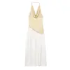 Ropa de Mujer para Comercio Exterior de Aliexpress Estilo Europeo y Americano Transfronterizo Zr Punto Nuevo Vestido Halter con Estampado de Empalme y Cuadrado