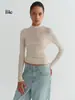 Camiseta básica de lana para mujer para otoño con ribete de encaje y mangas largas, cuello semi-alto, corte ajustado y diseño elegante