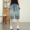 Roupas de Verão 2025 Estilo Japonês Desenho Animado Bordado Flores Letras Cintura Elástica Jeans Lavado Calças Médias de Cinco Pontos Atacado