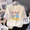 Camiseta de Manga Corta de Algodón Puro para Niñas Verano Nuevo Estilo Dibujos Animados Casual Versátil Top de Media Manga para Niños Medianos y Grandes