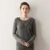 Suéter de Cachemira Cuello Redondo en V Encaje en el Pecho Empalmado Suéter Otoño e Invierno Nuevo Elegante de Moda Diseño Pulóver Camiseta de Base