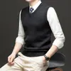Colete masculino de tricô fino 100% lã, suéter casual sem mangas, gola V, adequado para homens de meia-idade e idosos