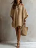 Vestido Kaftán de Algodón y Lino de un Hombro Estilo Bohemio Holgado Manga Murciélago Cubre Traje de Playa Estilo Perezoso de Vacaciones Expuesto