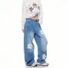 Pantalones de mezclilla lavada con bordado floral estilo retro americano para hombre, pantalones largos casuales de pierna recta para primavera/otoño 2026 para parejas