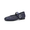 Cabedal e sola macios tecidos estilo Mary Jane verão novo nicho azul respirável oco salto baixo sapatos femininos modernos