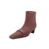 Botines Cortos de Piel de Vaca con Pajarita para Mujer, Nuevos Botines de Piel de Vaca para Otoño e Invierno, Puntera Cuadrada, Mangas Sueltas, Tacón Medio Grueso, Color Nude para Mujer