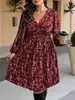 Ropa para Mujer de Tallas Grandes con Cuello en V, Mangas Largas Abullonadas, Cintura Fruncida, Falda Corta de Volantes, Estilo Europeo y Americano, Vestido Floral Vintage para Mujeres Curvilíneas