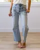 Calça jeans feminina nova de primavera e outono confortável para o dia a dia, desfiada, com bolso na frente, perna larga versátil, moderna