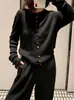 Otoño Nuevo lana peinada negro cárdigan de punto para mujer cuello redondo a rayas colorido delgado suéter estilo chino