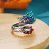 Anel azul retrô com dragão e fênix banhado a prata, estilo nacional, para homens e mulheres, estilo étnico minoritário, anel de casal, presente, vendas diretas da fábrica