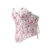 Estilo europeo y americano, top de tubo de encaje floral bordado rosa y blanco con ballenas, ajustado, entallado en la cintura, transparente, camisola sexy para mujer