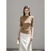 Estilo Simples Ajustado Gola Redonda Meia-Alta Manga Cinco Pontos Cor Sólida Malha Top Feminino Versátil Novo Estilo 2026 25808