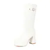 Botas de mujer de comercio exterior europeo y americano 2026, plataforma impermeable, talla 40-50, talla grande, tacón alto, cremallera lateral, hebilla de cinturón, botas de caña alta