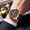 Reloj de Pulsera de Vestir para Hombre, Cuarzo Multifunción de Negocios, Esfera de Fase Lunar, Correa de Cuero Marrón