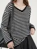 Camiseta base de punto de manga larga con cuello en V, a rayas y bloques de color, de lana fina soluble en agua Merino, 200 hilos, para mujer, top holgado y versátil