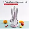 Juego de 7 utensilios de cocina de silicona coloridos para sartenes antiadherentes con soporte de almacenamiento, juego de espátula y cucharón de silicona resistente a altas temperaturas
