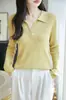 Suéter de punto para mujer con cuello polo medio abierto, nuevo suéter pullover de manga larga para principios de otoño, a rayas, corte ajustado, moderno, versátil y adelgazante