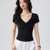 Tecido Ecológico 260g, Feito com Materiais de Alta Qualidade, Camiseta de Manga Curta para Mulheres, Cintura Alta, Estilo Curto, Nova Blusa Básica de Verão