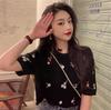 Estilo Transfronteiriço Novo Estilo Verão Fino Estilo Hyun Flor Bordada Top de Manga Curta Suéter Tricotado Feminino Gola Redonda Camiseta Básica Curta