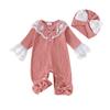 Europeu e Americano Outono e Inverno Bebê Macacão Pit Strip Lace Lotus Leaf Collar Bow Manga Comprida Calças Chapéu Meninas Desgaste de Escalada