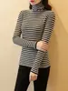 Camiseta básica de punto a rayas con cuello alto para mujer, de manga larga, adelgazante, moderna, versátil, top tipo suéter holgado para otoño e invierno