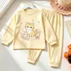 Conjunto de Dos Piezas para Niñas, Estampado Floral de Gato de Dibujos Animados, Cuello Redondo, Manga Larga, para Ropa de Casa, Dulce y Casual, para Bebés