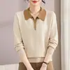 Suéter de punto de manga larga de otoño con cuello camisero para madres, nuevo estilo otoño e invierno 2026, suéter suave de alta elasticidad para mujeres de mediana edad