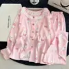 [Algodón nube de alta calidad] Conjunto de pijama largo de manga larga, cuello redondo, con ribete de encaje, talla grande para mujer, adecuado para usar como ropa de estar