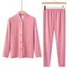Conjunto de cárdigan y pantalón para primavera y otoño para personas de mediana edad y mayores, con diseño de botones frontales, cuello alto cálido y tejido de lana y seda de doble cara