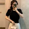 Blusa de Verão Feminina em Tricô Vazado de Seda Gelada Estilo Francês, Manga Curta, Linda Camiseta Elegante Preta Estilo Chanel que Marca a Cintura