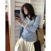 Camiseta de Manga Larga con Rayas Azules Retro, Cuello Semi Abierto, Hombro Derecho, para Mujer, Principios de Otoño, Prenda Única Pequeña, Camisa Top para Vestir por Capas
