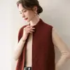 Colete de caxemira com camada de ar espessa para mulheres, gola alta, zíper, padrão de diamante, malha, regata, suéter curto, casaco de lã