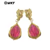 Wt-E805 Estilo Palácio Retrô Pedra de Cristal Rosa Obsidiana e Ouro 18K Banhado Pequeno Pingente Brincos Clássicos Femininos