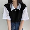 NUNBAI College Style Verão Contraste Cor POLO Gola Falso Duas Peças Manga Curta T-shirt Feminino Lazy Loose Casual All-match Top