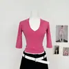 Camiseta BESOBER de Manga Tres Cuartos, Escote en V Profundo, Adelgazante para Mujer, Ajustada, Sexy, Versátil, Hombro Normal, Capa Base 9195