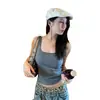 Top de cor sólida com decote em U e detalhe de renda floral nas costas, camisola de verão confortável e respirável com bojos removíveis