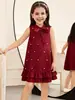 Vestido de Verano para Niñas con Lazo Borgoña Perlas Doble Capa Dobladillo de Encaje Vestido Ropa Infantil Transfronteriza