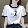 Camiseta de Manga Curta para Mulheres, Comércio Exterior Transfronteiriço, Corte Solto, Emagrecedora, Estampa de Desenho Animado, Gola Redonda, Blusa de Manga Meia-Manga, Tendência
