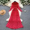 Vestido Retro de Lunares para Mujer, Vestido Largo Estampado de Verano Rojo de Cintura Alta con Lazo Adelgazante con Elegancia Francesa