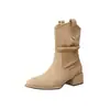 Nuevas Botas de Cuero para Mujer Estilo Retro Adelgazantes Botas de Bloques de Color Tacón Grueso Botas hasta Media Pantorrilla Tobilleras Persona Baja Botas de Invierno Apiladas
