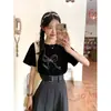Camiseta Negra de Algodón Puro Estilo Coreano de Manga Corta para Mujer en Verano con Estampado de Lazo y Diseño de Dibujos Animados, Top Holgado y Adelgazante