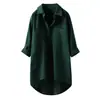 Camisa de Moda de Color Sólido Transfronteriza Europea y Americana para Mujer, Estilo Casual Algodón y Lino Corte Holgado Doble Bolsillo Camisa de Longitud Media